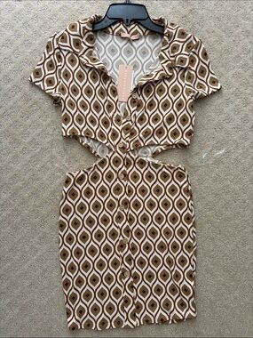 Geo-Print Cutout Mini Dress in Brown